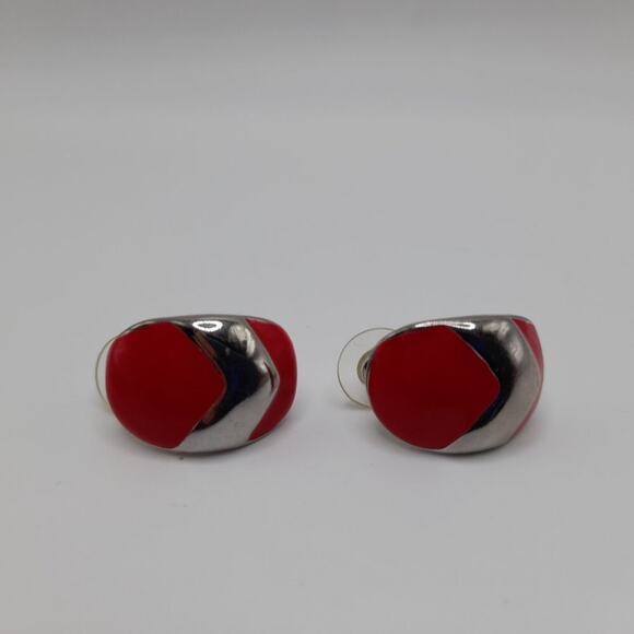 Vintage Red Enamel Silver Tone Post Earrings, 1 Inch - Picture 4 of 11